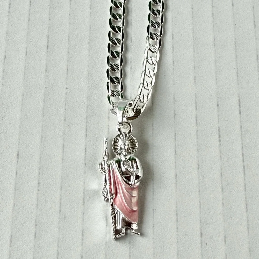 St Jude Pendant Pink Mantle Silver Plated -chain 20